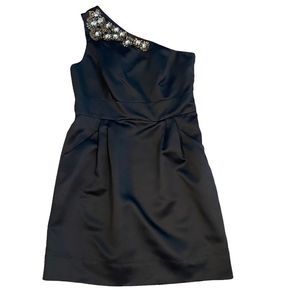 Shoshanna vintage inspired one shoulder dress w/pockets & Art Deco appliqué